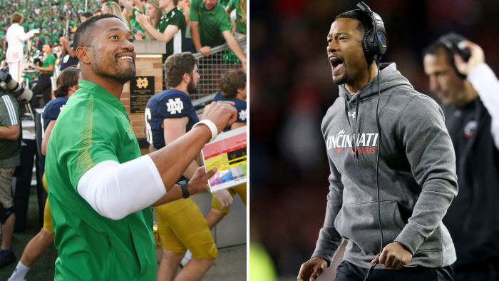 Marcus Freeman with Notre Dame; Marcus Freeman with Cincinnati